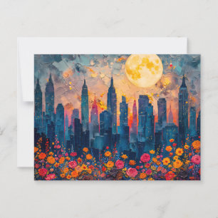 Abstract watercolor illustration of full moon over postcard