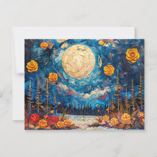 Abstract watercolor illustration of full moon over postcard