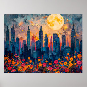 Abstract watercolor illustration of full moon over poster