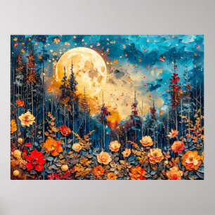 Abstract watercolor illustration of full moon over poster