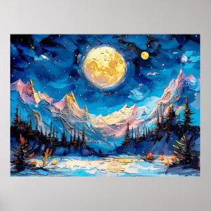 Abstract watercolor illustration of full moon over poster