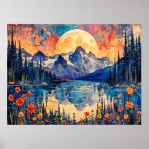 Abstract watercolor illustration of full moon over poster