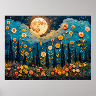 Abstract watercolor illustration of full moon poster