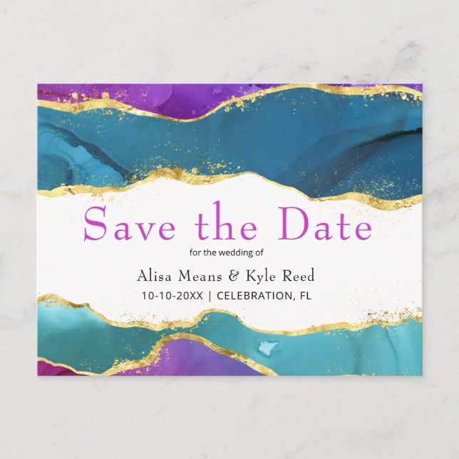 Abstract Watercolor Ink Fuchsia Pink Teal Gold Announcement Postcard (Front)