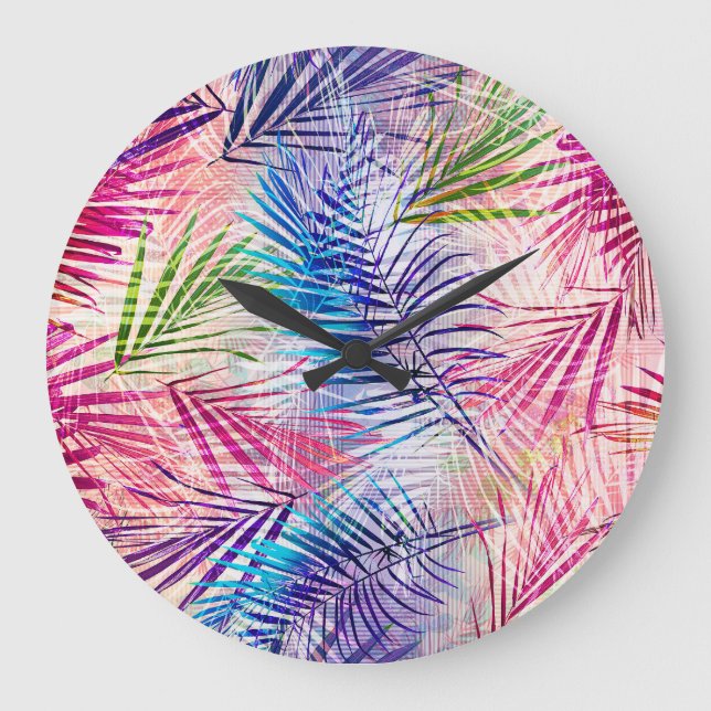 Abstract Watercolor Leaves Allover Pattern Large Clock (Front)