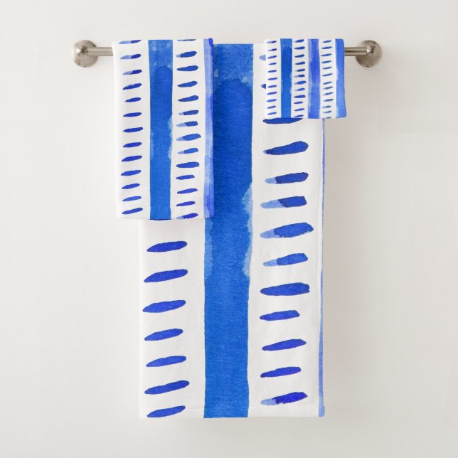 Abstract watercolor lines - blue bath mat bath towel set (Insitu)
