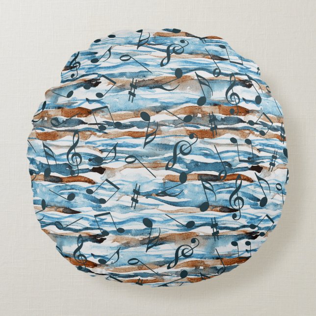 Abstract watercolor music notes pattern. round cushion (Front)