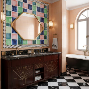 Abstract Watercolor Navy Green Coral Block Pattern Ceramic Tile