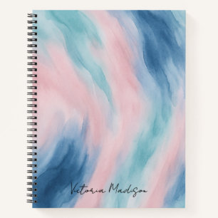 Abstract Watercolor Navy & Pink Waves Name Notebook