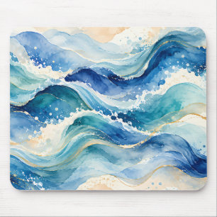 Abstract Watercolor Ocean Waves Mouse Pad