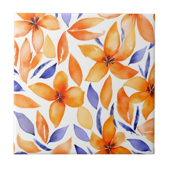 Abstract watercolor orange floral modern ceramic tile (Front)