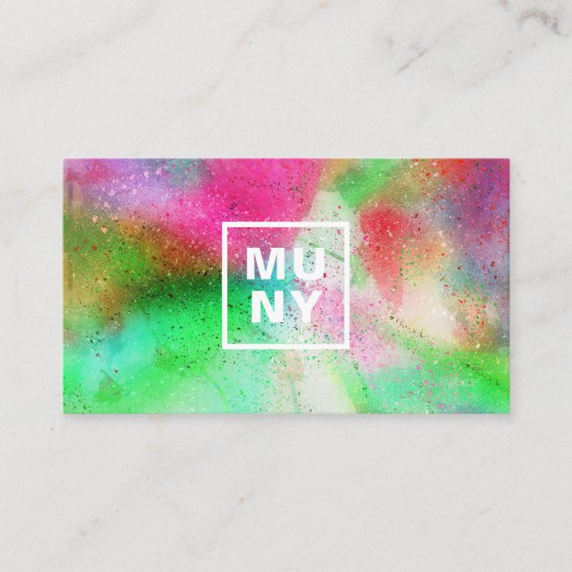 Abstract watercolor paint splatter trendy initials business card (Front)
