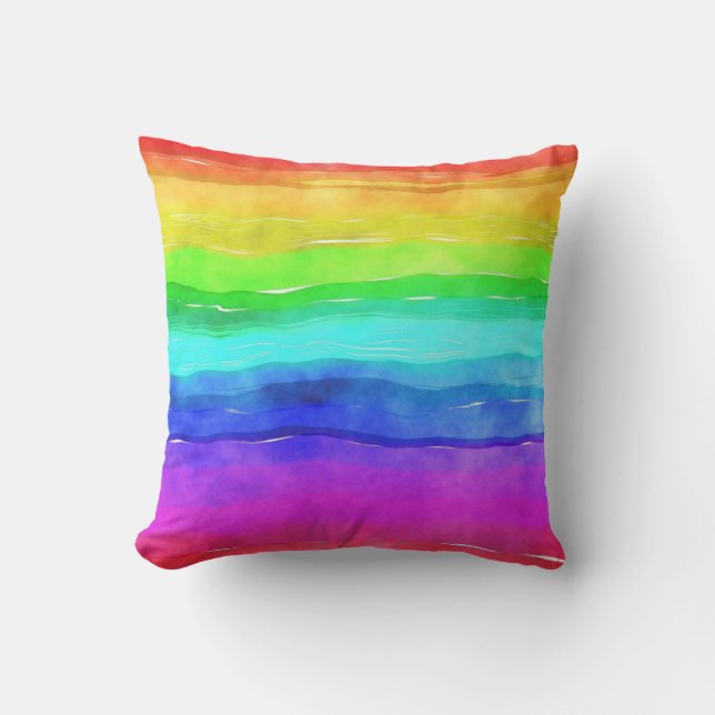 Abstract Watercolor Painted Stripes Rainbow Cushion (Front)