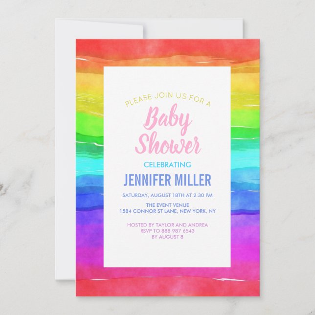 Abstract Watercolor Painted Stripes Rainbow.       Invitation (Front)