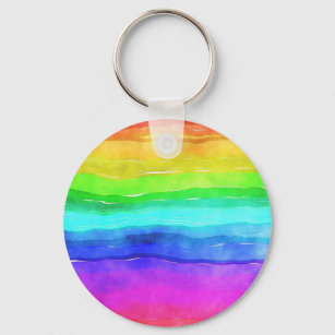Abstract Watercolor Painted Stripes Rainbow Key Ring