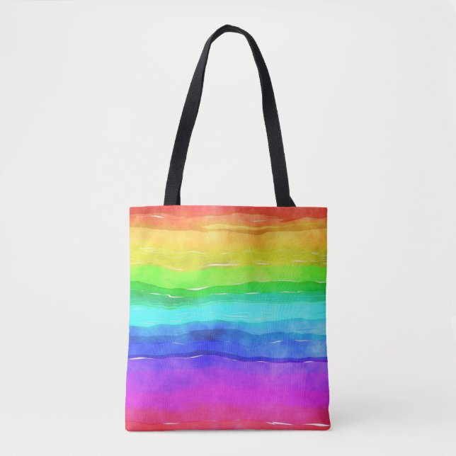 Abstract Watercolor Painted Stripes Rainbow Tote Bag (Front)