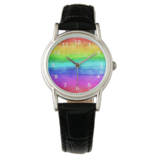 Abstract Watercolor Painted Stripes Rainbow Watch