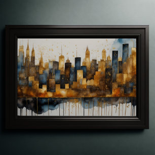 Abstract Watercolor Painting Gold Cityscape 3:2 Poster