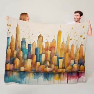 Abstract Watercolor Painting Gold Cityscape Fleece Blanket