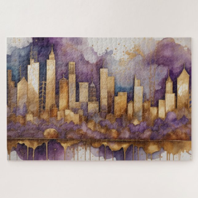 Abstract Watercolor Painting Gold Cityscape Jigsaw Puzzle (Horizontal)