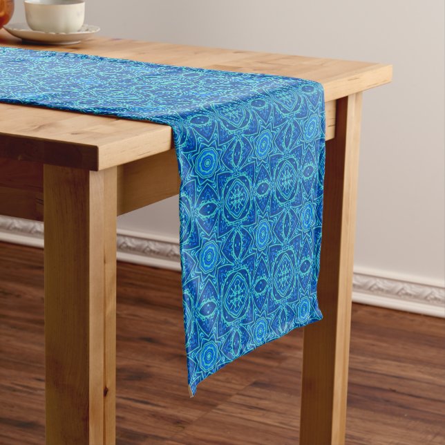 Abstract Watercolor Pattern - Denim Blue Short Table Runner (In Situ)