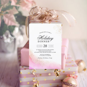Abstract Watercolor Pink Brush Strokes & Gold   Invitation