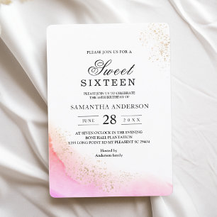 Abstract Watercolor Pink Brush Strokes & Gold   Invitation