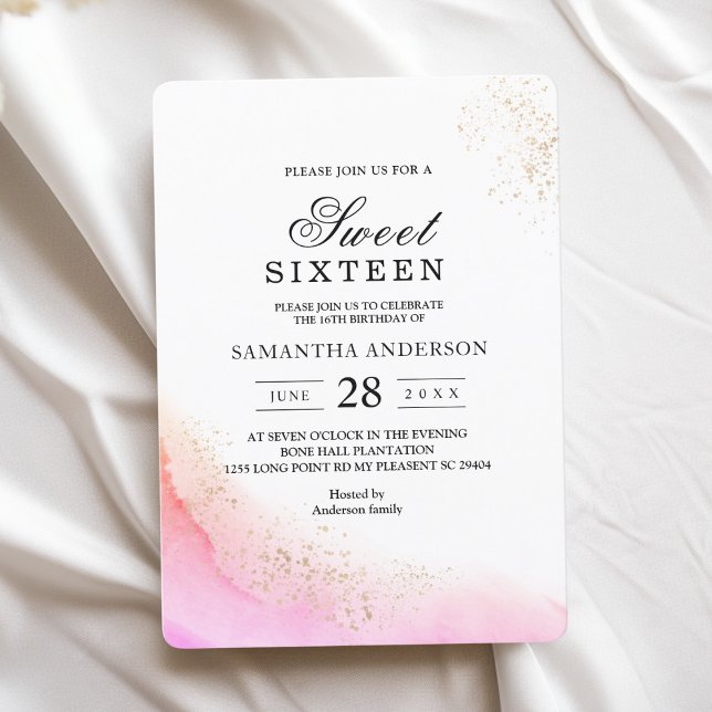 Abstract Watercolor Pink Brush Strokes & Gold   Invitation (Creator Uploaded)