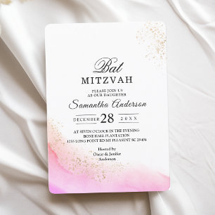 Abstract Watercolor Pink Brush Strokes & Gold   Invitation
