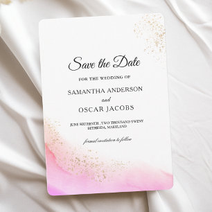 Abstract Watercolor Pink Brush Strokes & Gold Save The Date