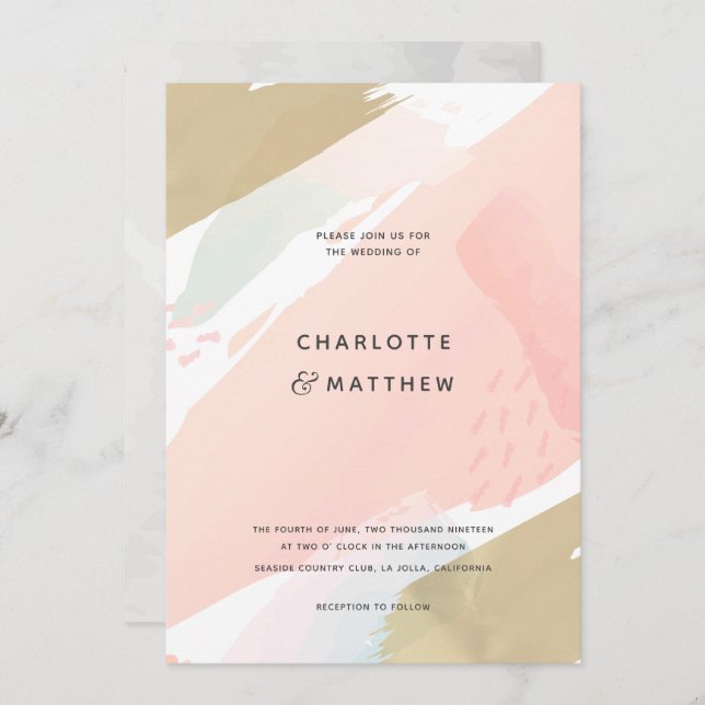 Abstract Watercolor Pink Brush Strokes Wedding Invitation (Front/Back)