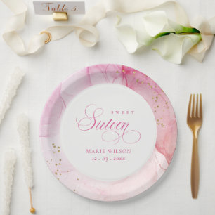 Abstract Watercolor Pink Gold Sweet Sixteen  Paper Plate