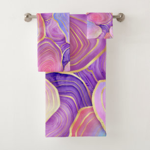 Abstract watercolor pink teal gold lavender agate bath towel set
