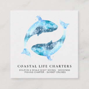 *~*  Abstract Watercolor Playing Coastal Dolphins Square Business Card
