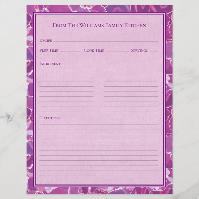 Abstract Watercolor Purple Pink Recipe Paper Sheet (Front)