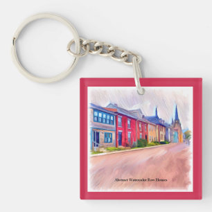Abstract Watercolor Row Houses Key Ring