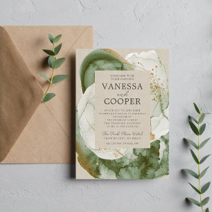 Abstract Watercolor Sage Green Gold Wedding Invitation