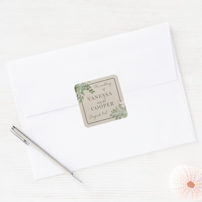 Abstract Watercolor Sage Green Gold Wedding Square Sticker (Envelope)