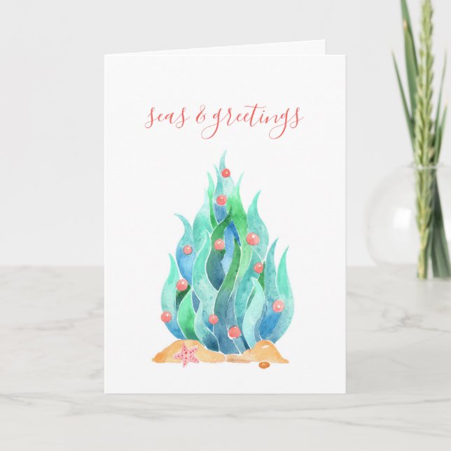 Abstract Watercolor Seaweed Tree Coastal Christmas Holiday Card (Front)