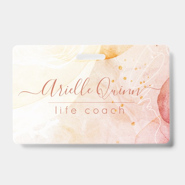 Abstract Watercolor Shapes Rose Script Life Coach  ID Badge (Front)
