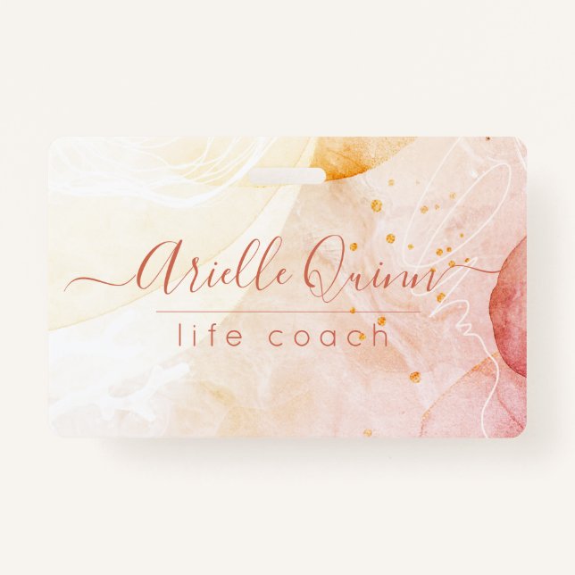 Abstract Watercolor Shapes Rose Script Life Coach  ID Badge (Front)