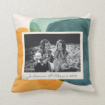 Abstract Watercolor Shapes Teal Blue Custom Photo Cushion<br><div class="desc">This stylish custom throw pillow features an understated painting of organic abstract watercolor shapes in beautiful shades of mustard yellow and teal blue and green. Personalise it with your name and photo. Great gift idea!</div>