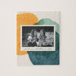 Abstract Watercolor Shapes Teal Blue Photo Name Jigsaw Puzzle<br><div class="desc">This stylish custom puzzle features an understated painting of organic abstract watercolor shapes in beautiful shades of mustard yellow and teal blue and green. Personalise it with your name and photo. Great gift idea!</div>