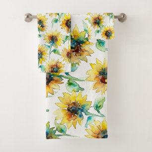 Abstract Watercolor Sunflowers Seamless Pattern  Bath Towel Set