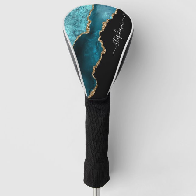 Abstract Watercolor Teal Agate Gold Personalised Golf Head Cover (Front)