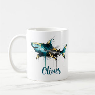 Abstract Watercolor Teal Ink Splatter & Gold Shark Coffee Mug