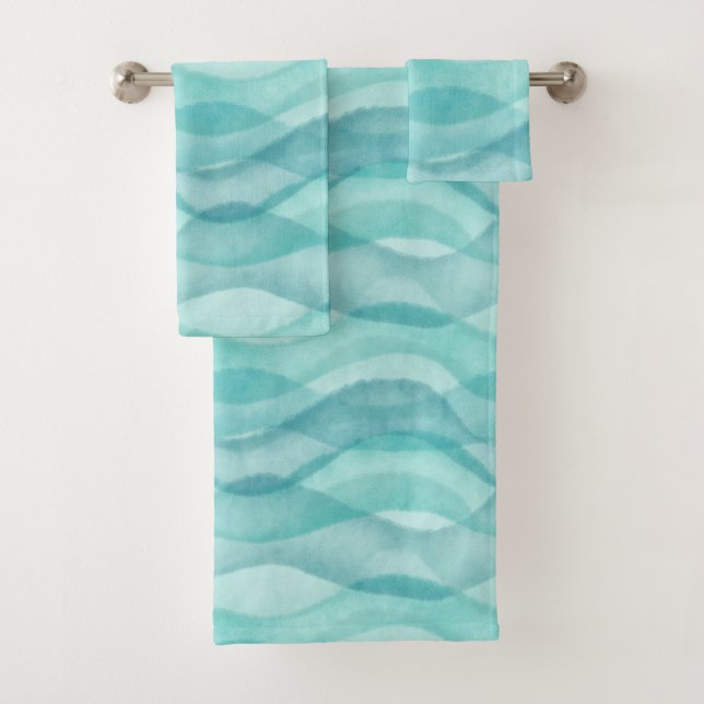 Abstract Watercolor Waves, Turquoise, Aqua Bath Towel Set (Insitu)