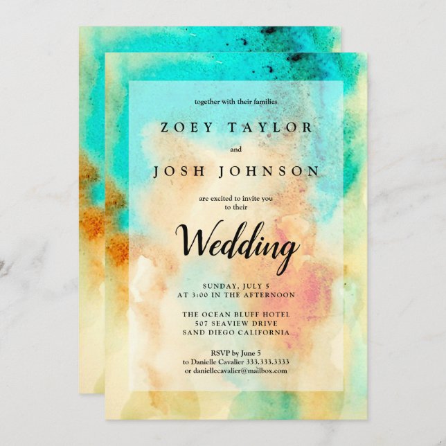 Abstract Watercolor Wedding Invitation Teal Orange (Front/Back)