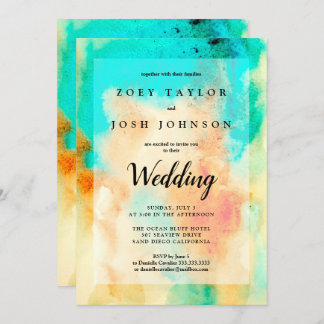 Abstract Watercolor Wedding Invitation Teal Orange