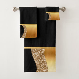 ABSTRACT WAVE BLACK GOLD 2 BATHROOM TOWEL SET